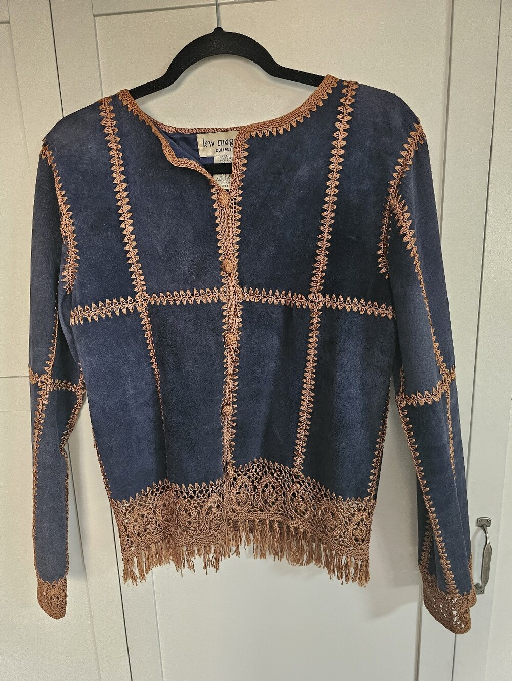 VTG Lew Magram Blue Suede Crochet Fringe Jacket Boho Western Sz 6 To 8 Flaw